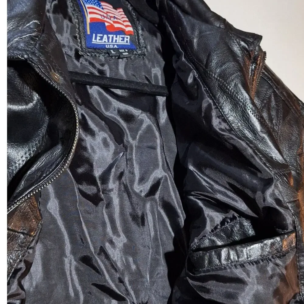 Leather U.S.A. Vintage Men's Leather Jacket Size XL Bikercore Motorcycle Edgy